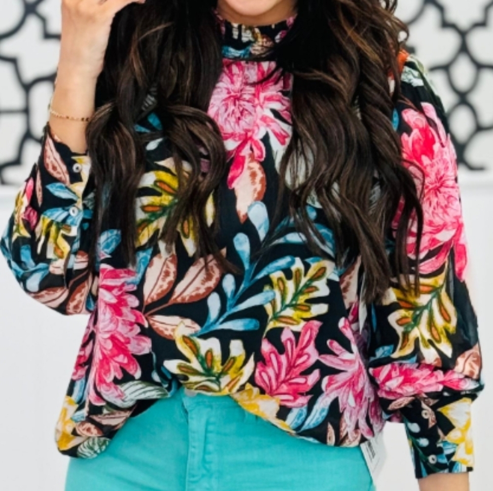 JODIFL Pink and Blue High Low Blouse with Mandarin Collar